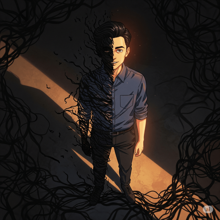 A ghostly human hand trapped beneath the glass screen of a smartphone, which displays icons of social media platforms that feed on insecurity and shame.