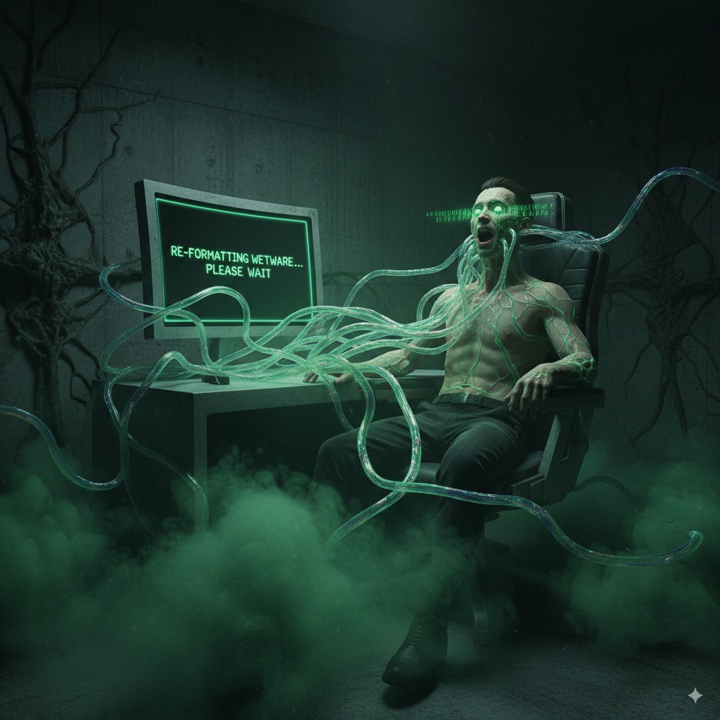 Hyper-realistic body horror image of a man being consumed by data cables in a dark bunker as a green fog rises from the floor.