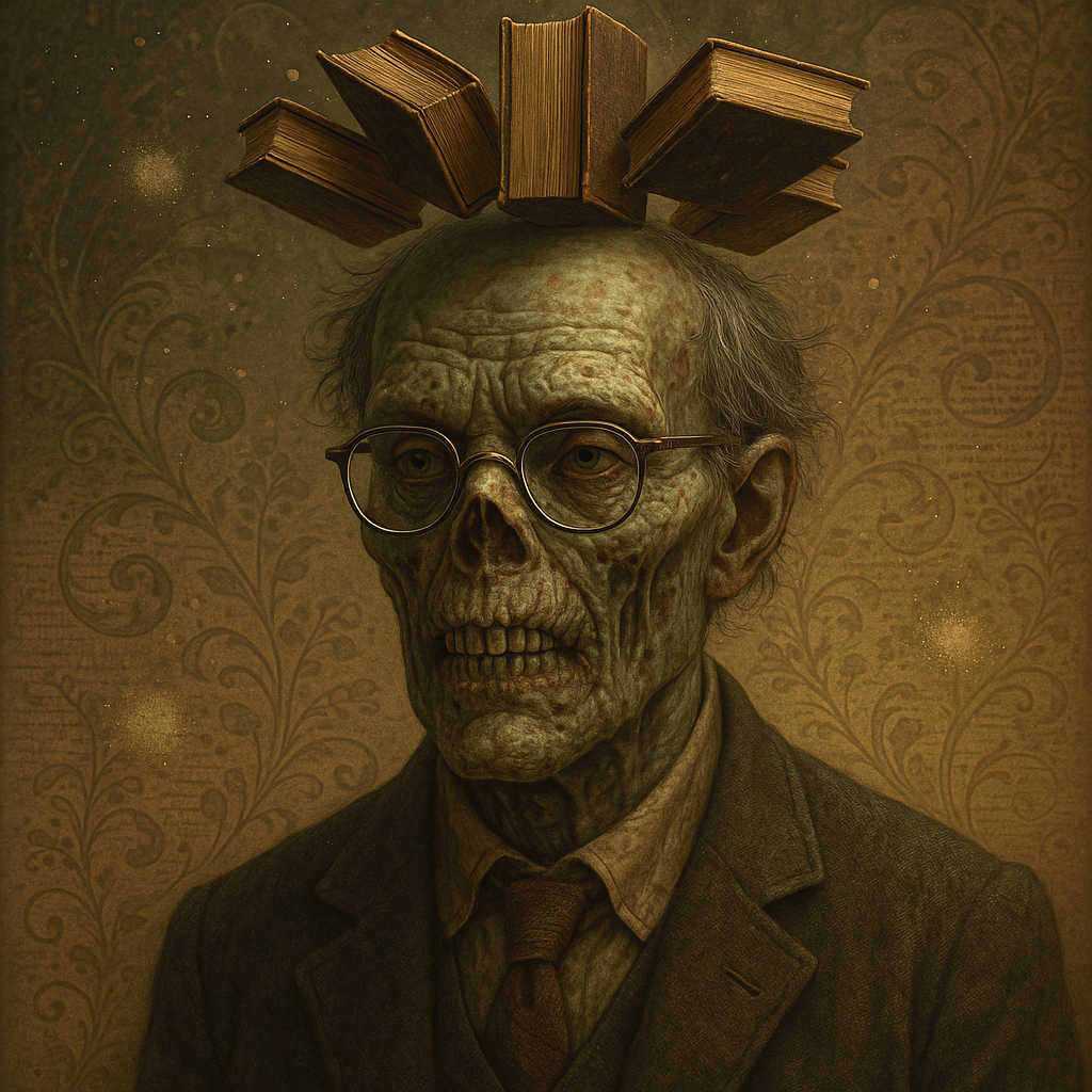 Portrait of an intellectual zombie with books floating above its head like a crown.