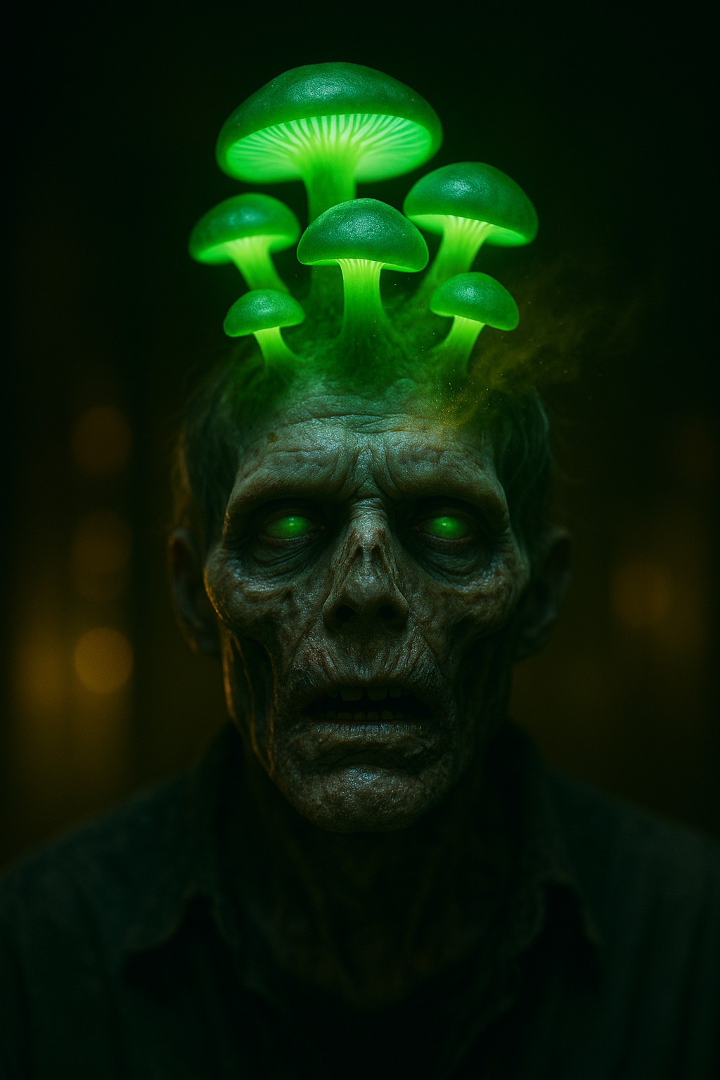 Generative AI for book images: a hyper-realistic close-up of a zombie's face with glowing green mushrooms sprouting from its head.