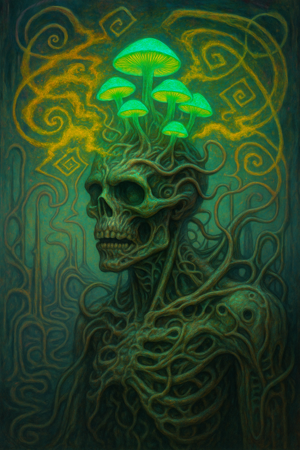 AI book cover art created with generative AI for book images, showing a skeleton made of roots with glowing mushrooms.