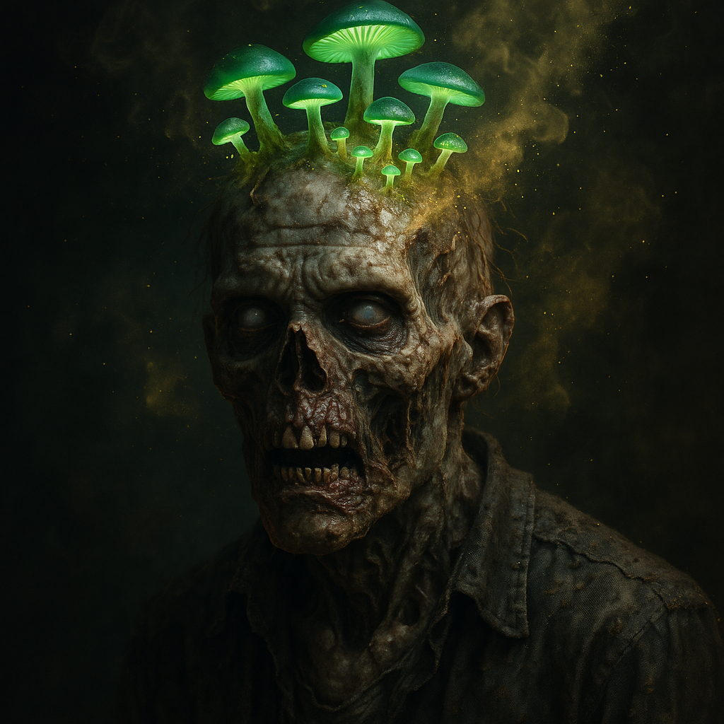 Fantasy character art with AI showing a zombie emitting glowing spores from mushrooms on its head.