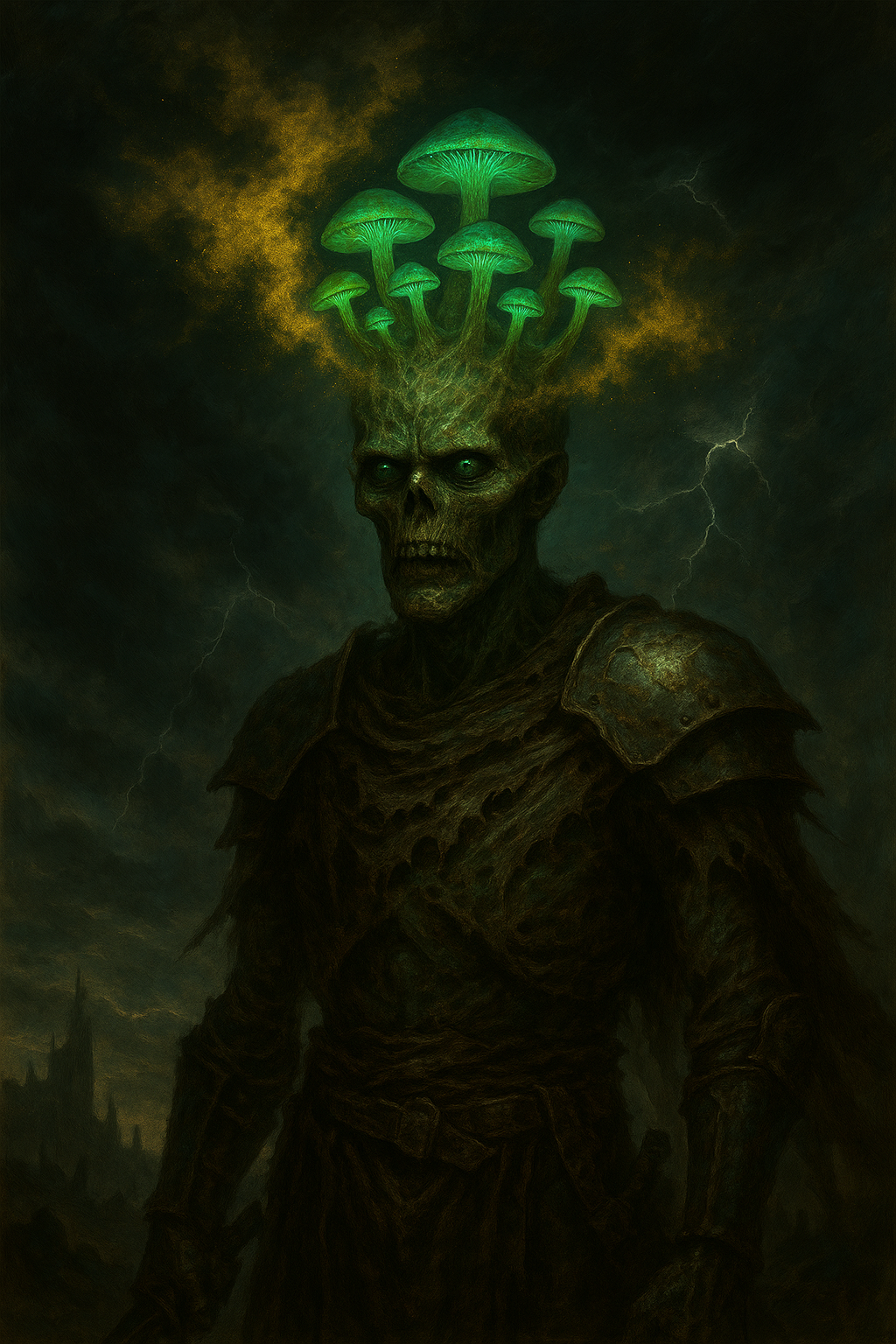 Generative AI for book images used to create a fantasy character, an undead knight in armor with glowing mushrooms.