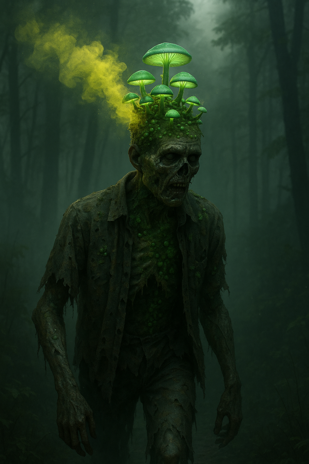A zombie character created with generative AI for book images, walking through a misty forest.