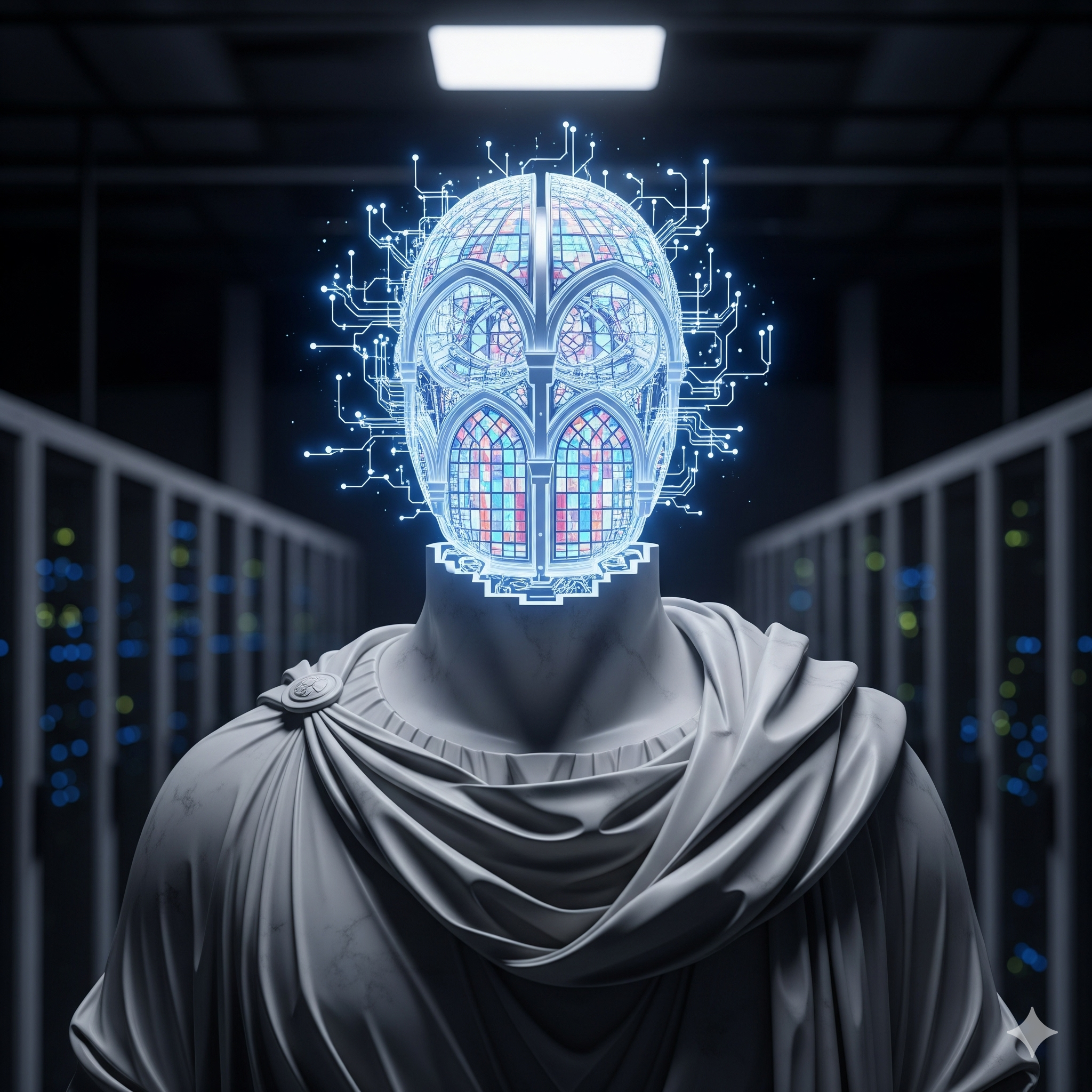 A silicon brain chip replacing the head of a classical statue, with circuits shaped like cathedral windows.