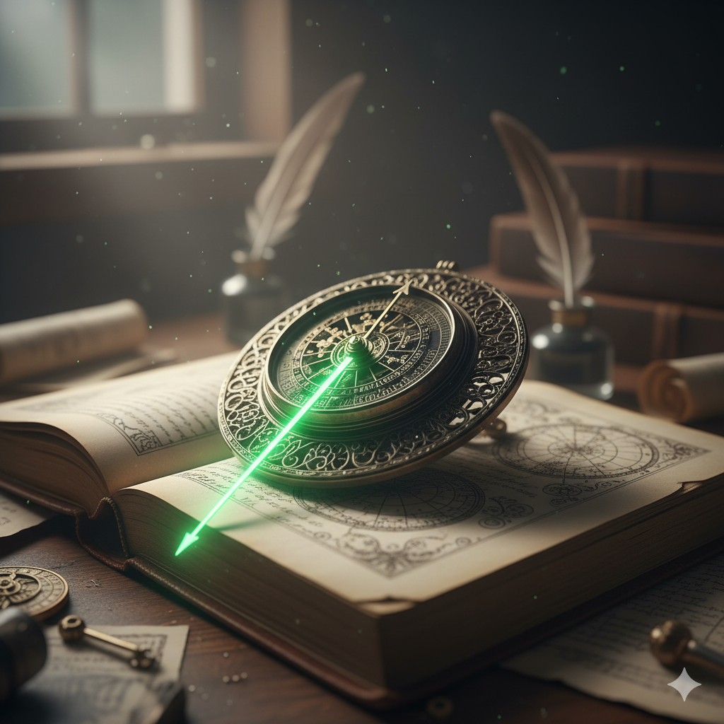 A detailed compass with a glowing green needle resting on a dark, weathered surface.