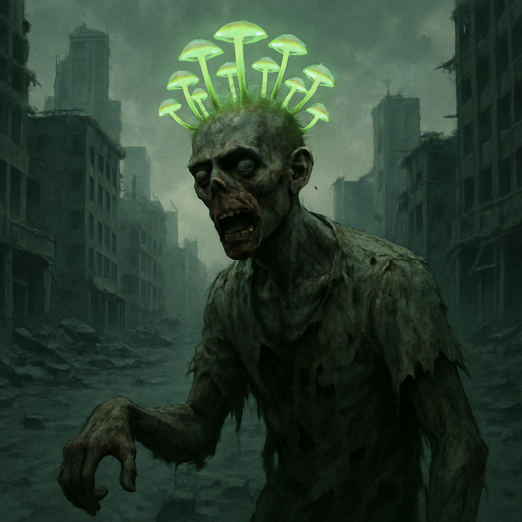 A zombie-like figure with glowing mushrooms sprouting from its head wanders through a ruined city.