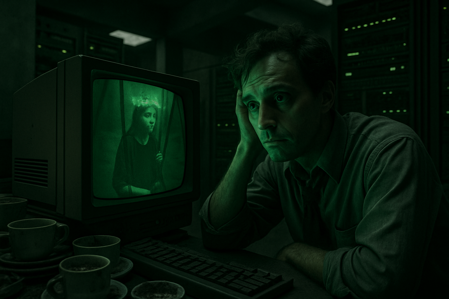 An exhausted analyst stares at a monitor displaying the image of the girl, a meta-narrative writing prompt.