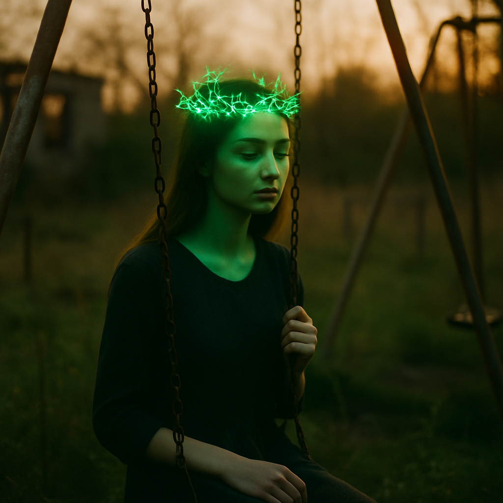 A girl with a glowing green crown sits on a swing at golden hour, embodying a haunting story starter.