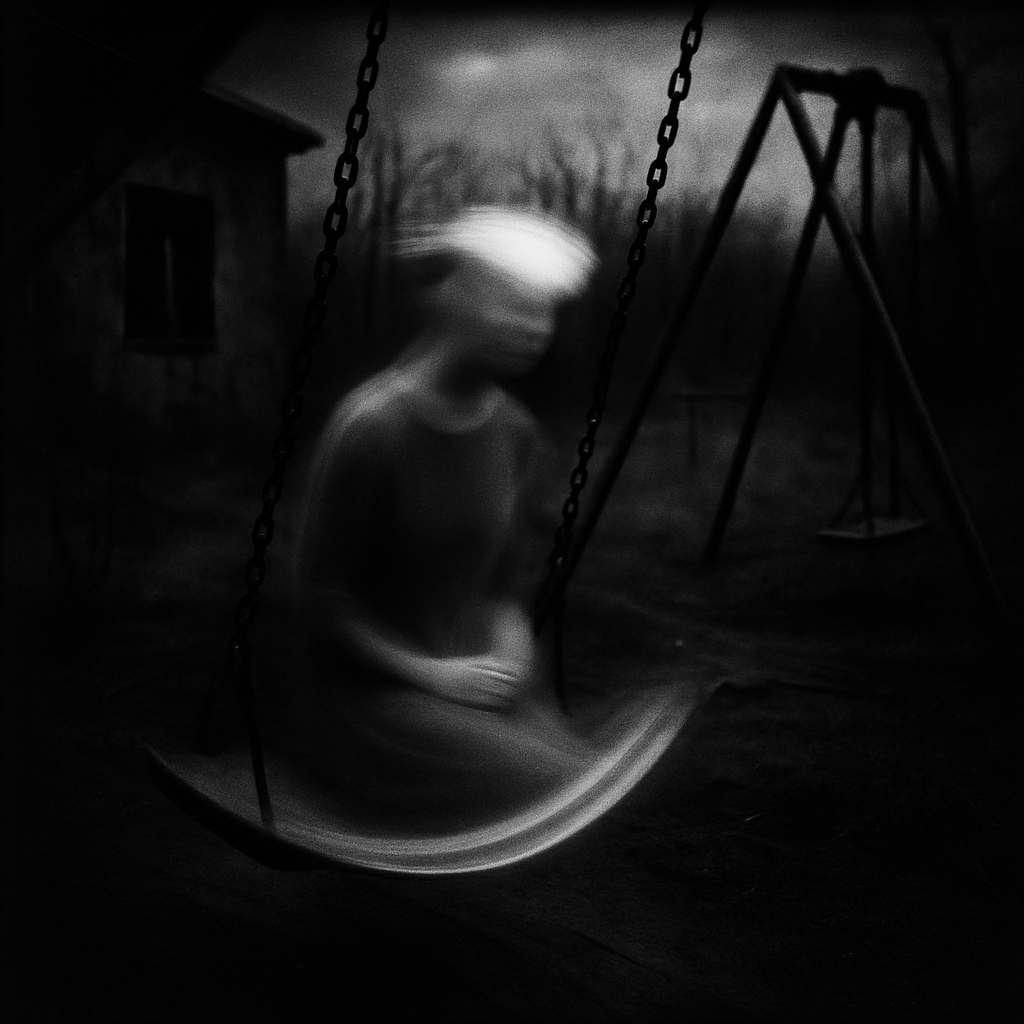 A long-exposure shot of a figure on a swing, blurred into a ghostly arc, a haunting story starter.