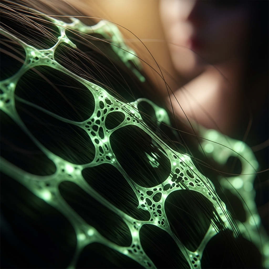 A macro shot of bioluminescent mycelium woven into dark hair, a unique story idea.