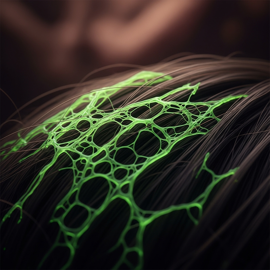 A second macro shot of the glowing green fungus in hair, showing a different angle of the beautiful decay.