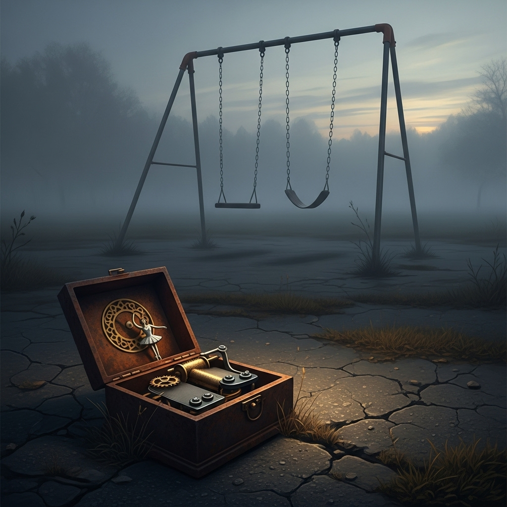 An open music box sits on the cracked asphalt of a desolate playground, a prompt for an unsettling story.