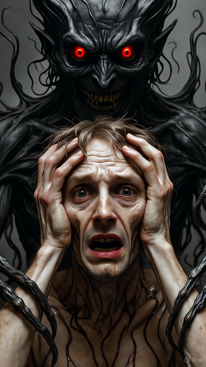 A photorealistic image of a desperate, haggard man clutching his head in agony. A shadowy, demonic figure with glowing red eyes and a cruel smile looms behind him, its smoky tendrils wrapping around his arms and shoulders like chains. Dark, moody, psychological horror.