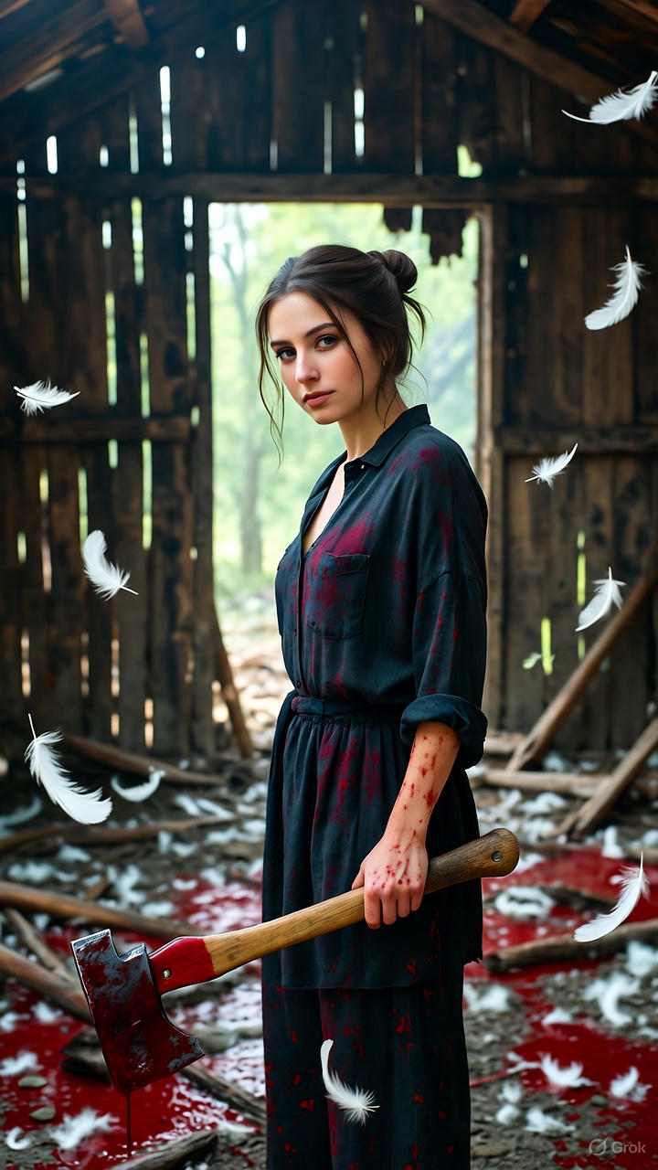 A woman in the middle of a ruined, bloody chicken coop, splattered with blood and feathers. She holds a bloody hatchet at her side with a grim casualness. Her expression is not one of wild rage, but of a chilling, detached calm.