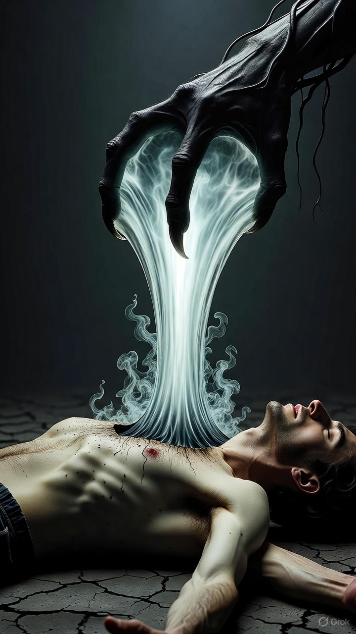 A desperate man's soul, represented as a faint, glowing light, is being pulled from his chest by the smoky, clawed hand of a demonic entity. His body is slumped and broken on the ground. Ethereal, terrifying, final.