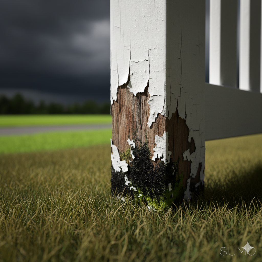 A perfect, manicured suburban lawn with a white picket fence. The fence is subtly rotting and the grass is browning, while a dark, ominous storm cloud gathers directly over the idyllic house. Hyper-realistic, unsettling.