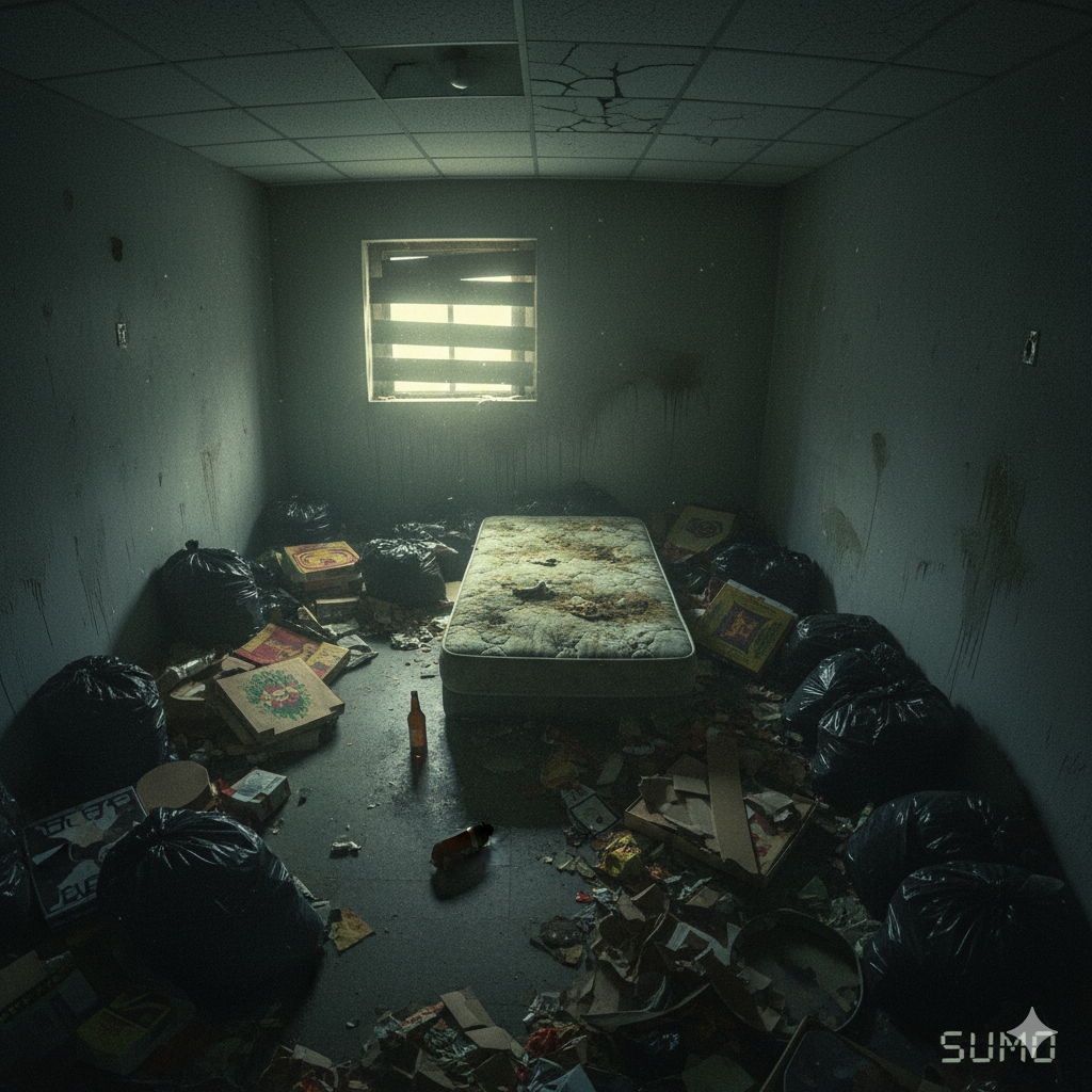 A wide shot of a filthy, dark living room filled with overflowing trash bags and pizza boxes. A single, sickly yellow ray of light cuts through the dust from a boarded-up window, illuminating a stained mattress on the floor.