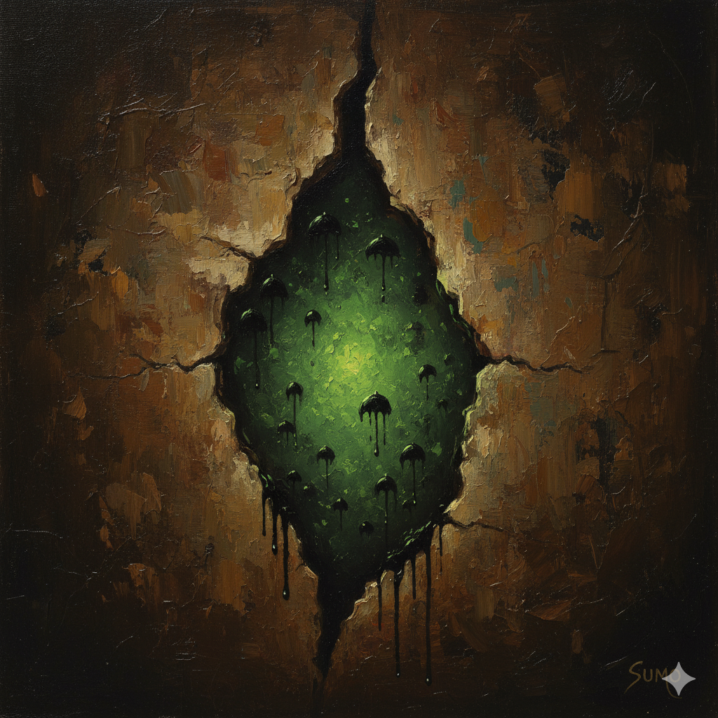 A visceral close-up of a cracked and broken plaster wall. From the dark hole in the center, an unnatural and sickly green-and-black mold pulses with a faint, evil bioluminescent light.
