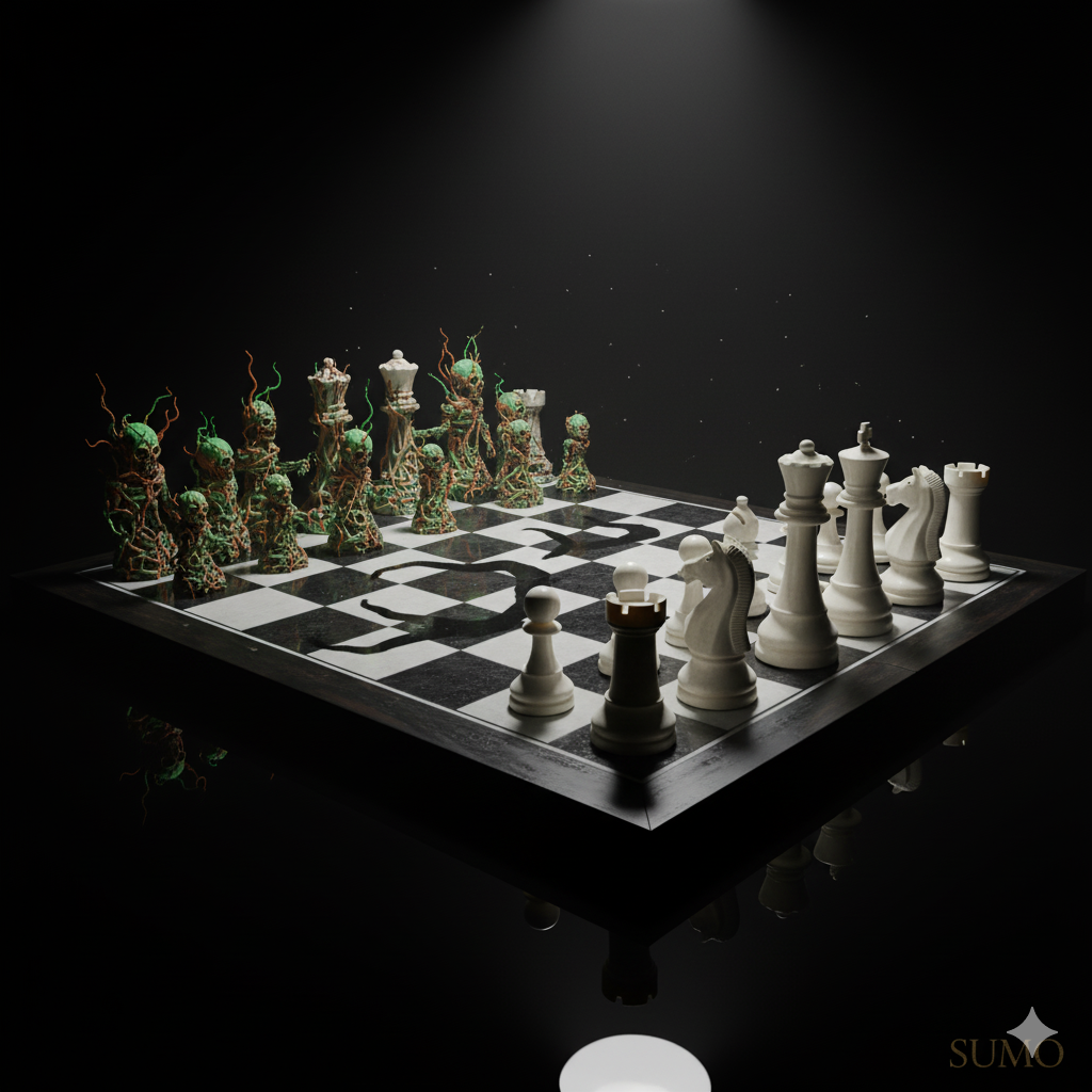 A symbolic, thought-provoking image. A chessboard where all the pieces on one side have been replaced with grotesque, monstrous figures (zombies). On the other side, all the pieces look like normal, pristine king and queen chess pieces, but their shadows on the board are monstrous and twisted.
