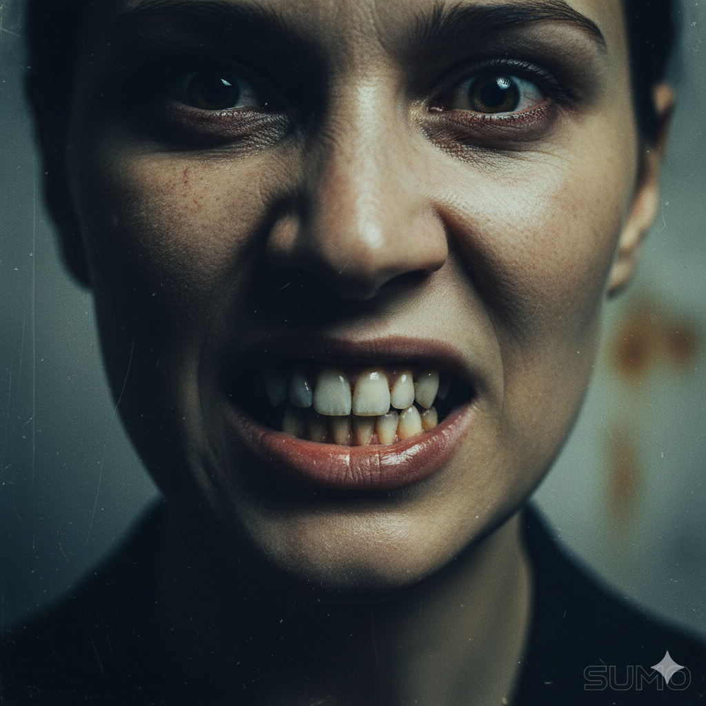 An extreme close-up on a woman’s face, not a zombie. Her eyes are wide, manic, and full of a terrifying, wild intelligence. Her lips are pulled back in a feral snarl, revealing broken teeth. The lighting is harsh, casting deep shadows that highlight the madness in her expression.