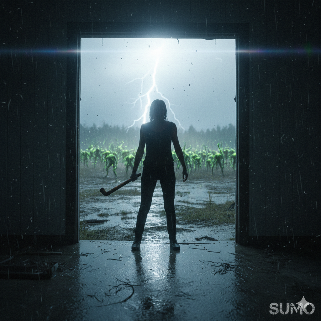 A tense standoff. A single, terrified person is silhouetted in a doorway, holding a makeshift weapon. In the background, out of focus but still menacing, is a horde of shambling, fungus-covered zombies ('ralphs') under a stormy sky. Cinematic, suspenseful, horror.