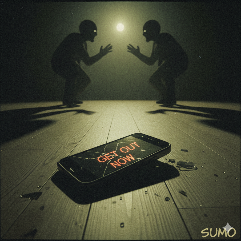 A smartphone lying shattered on a pristine hardwood floor. The screen is cracked, but an ominous text message bubble is still faintly visible. In the background, two indistinct figures argue in silhouette.