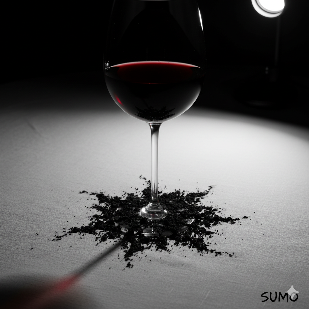 An elegant wine glass, half-full of dark red wine, sits on a pristine white tablecloth. Where the base of the glass touches the cloth, a black, mold-like rot is spreading outwards, corrupting the clean fabric. Photorealistic.
