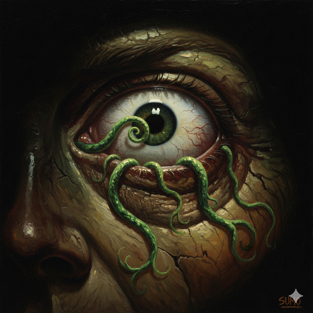 An extreme close-up of a single, milky-white zombie eye staring blankly. Growing from the corner of the eye socket are tiny, thread-like fungal tendrils, a sickly yellow color, that seem to be quivering with a life of their own.