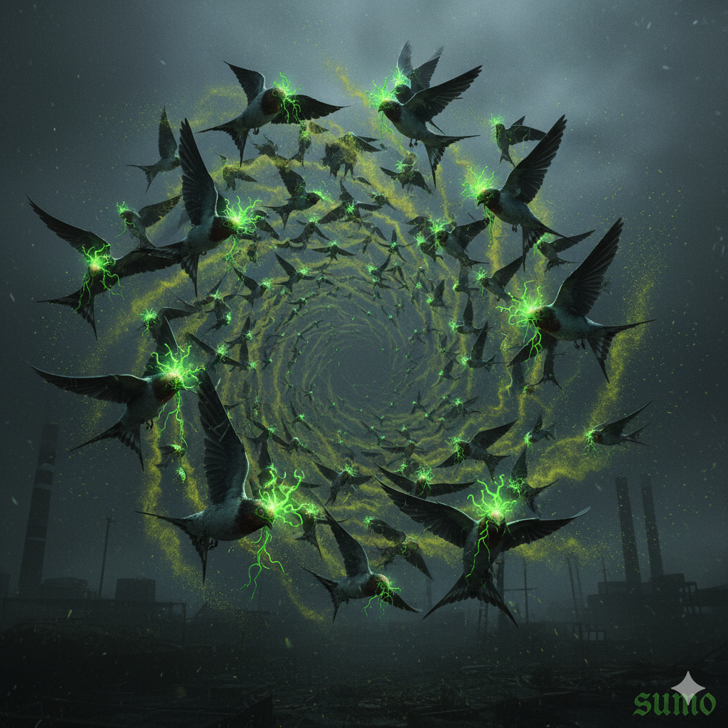 A flock of swallows swarming in a dark, moody sky. Their feathers are matted and greasy, and faint, glowing green fungal growths are visible on their heads and wings, leaving trails of yellow spores as they fly.