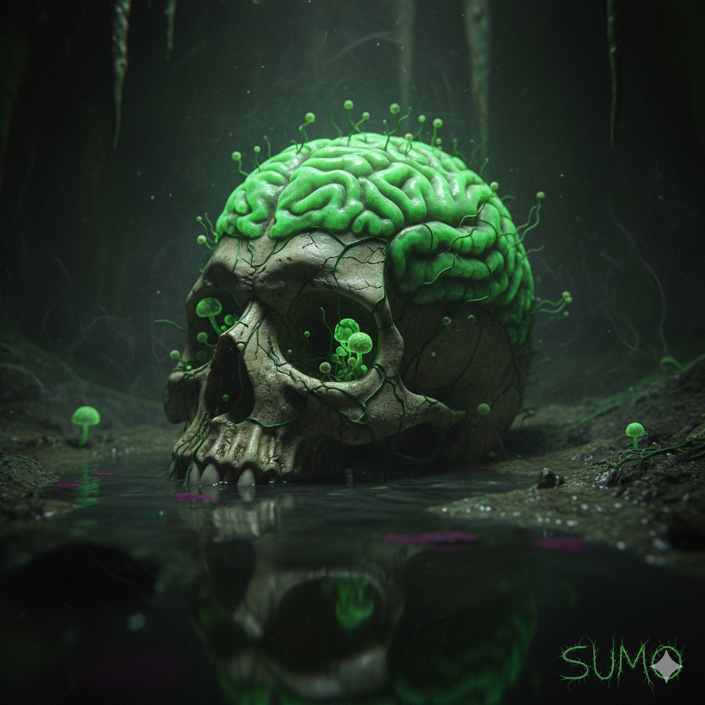 A photorealistic, hyper-detailed image of a human skull overgrown with sickly, luminescent green mushrooms. One large, grotesque mushroom erupts from the top of the skull, its cap resembling a corrupted human brain. The mushrooms pulse with a faint, eerie light in a dark, damp environment.