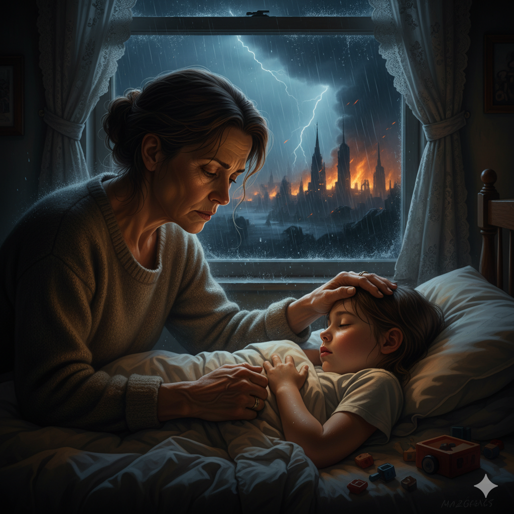 A compassionate but weary-looking woman gently places a hand on a sleeping child's forehead. Through the window behind her, the world outside is dark and stormy, with the faint silhouette of a distant, burning city on the horizon.