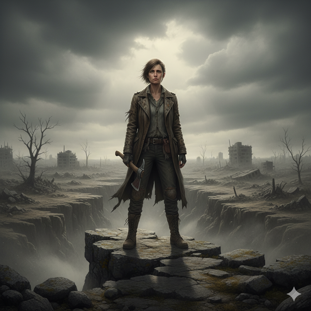 The same woman now stands alone on a rocky, desolate cliff, looking out over a bleak, post-apocalyptic landscape under a grey sky. She is dressed in practical, worn gear. Her face is weathered and hard, and she holds a hatchet loosely in one hand. All traces of her former warmth are gone.
