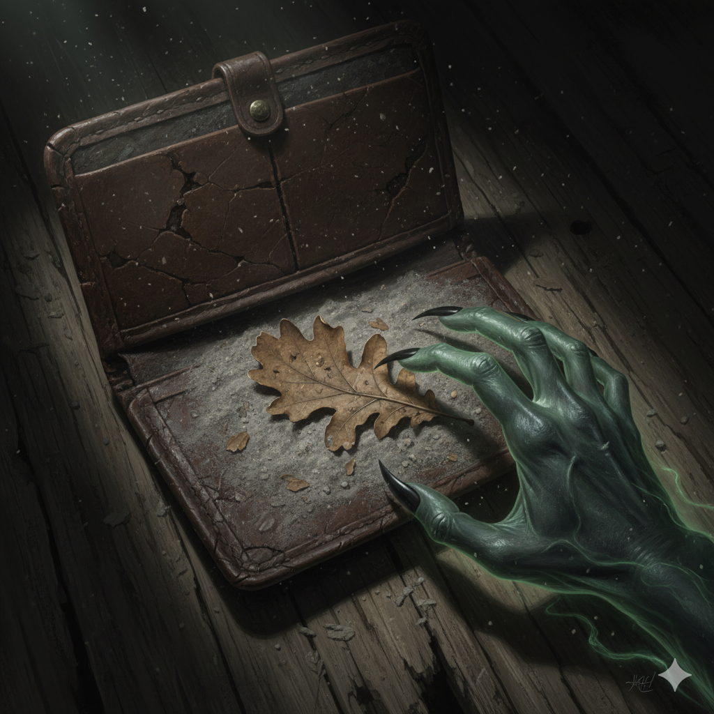 An old, worn leather wallet opens to reveal not money, but crumbling dust and a single, withered, dead leaf. A spectral, demonic hand is reaching out to take it. Symbolic, dark fantasy.