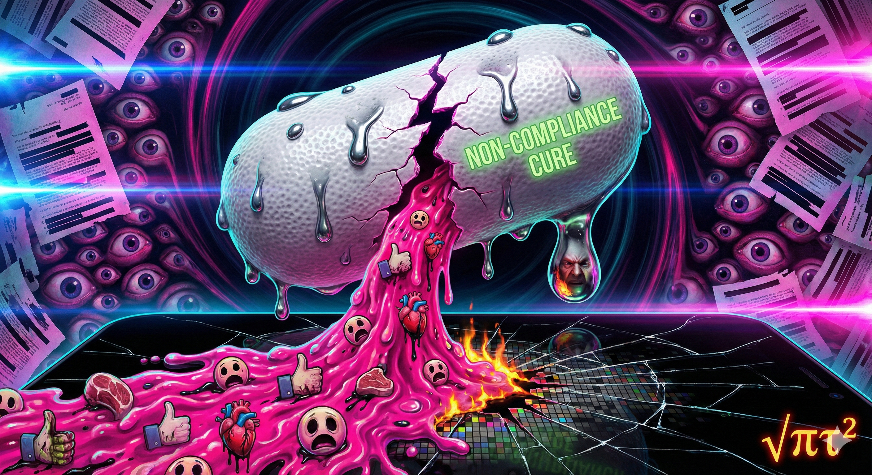 Cracked pill labeled Non-Compliance Cure oozing neon sludge into smartphone representing transition from pharmaceutical to digital mind control