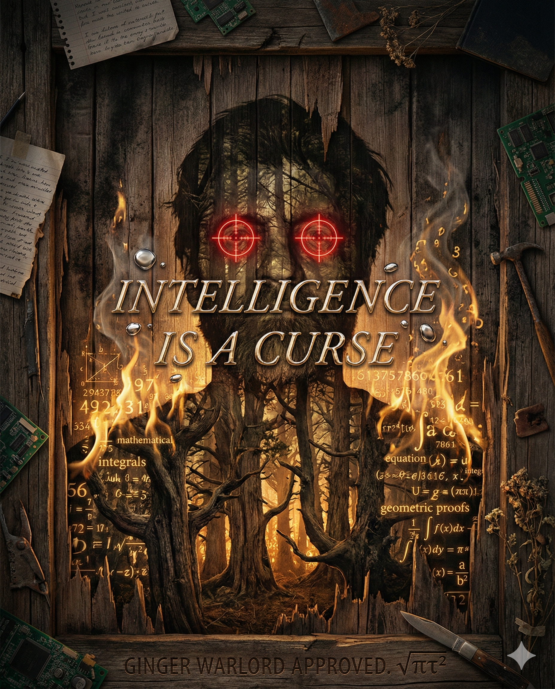 Surreal portrait of Ted Kaczynski with burning mathematical equations and Intelligence is a Curse text symbolizing psychological damage from CIA experiments