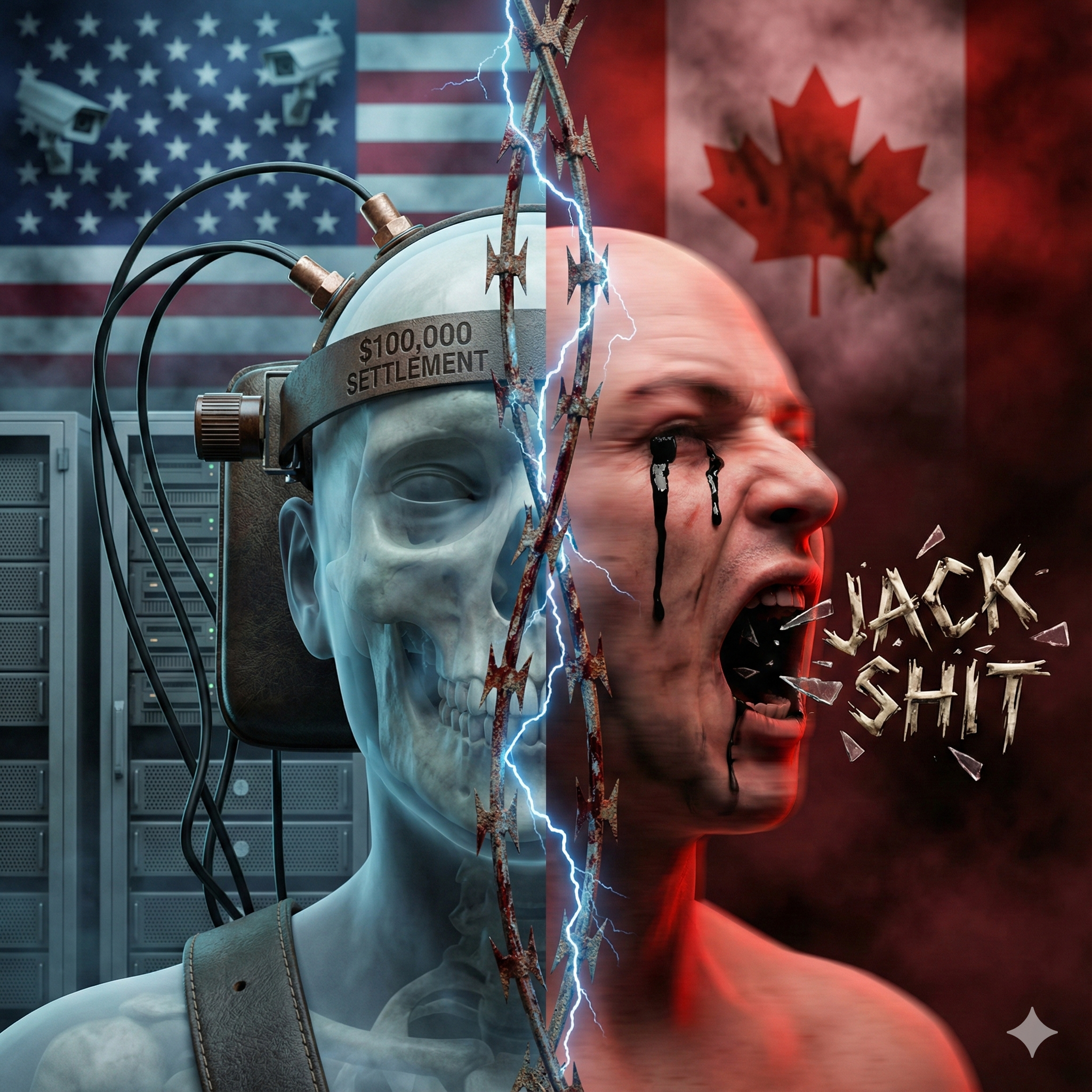 Split screen comparing traumatized MK Ultra victims with US flag showing 100000 dollar settlement versus Canadian flag showing lack of justice for American victims