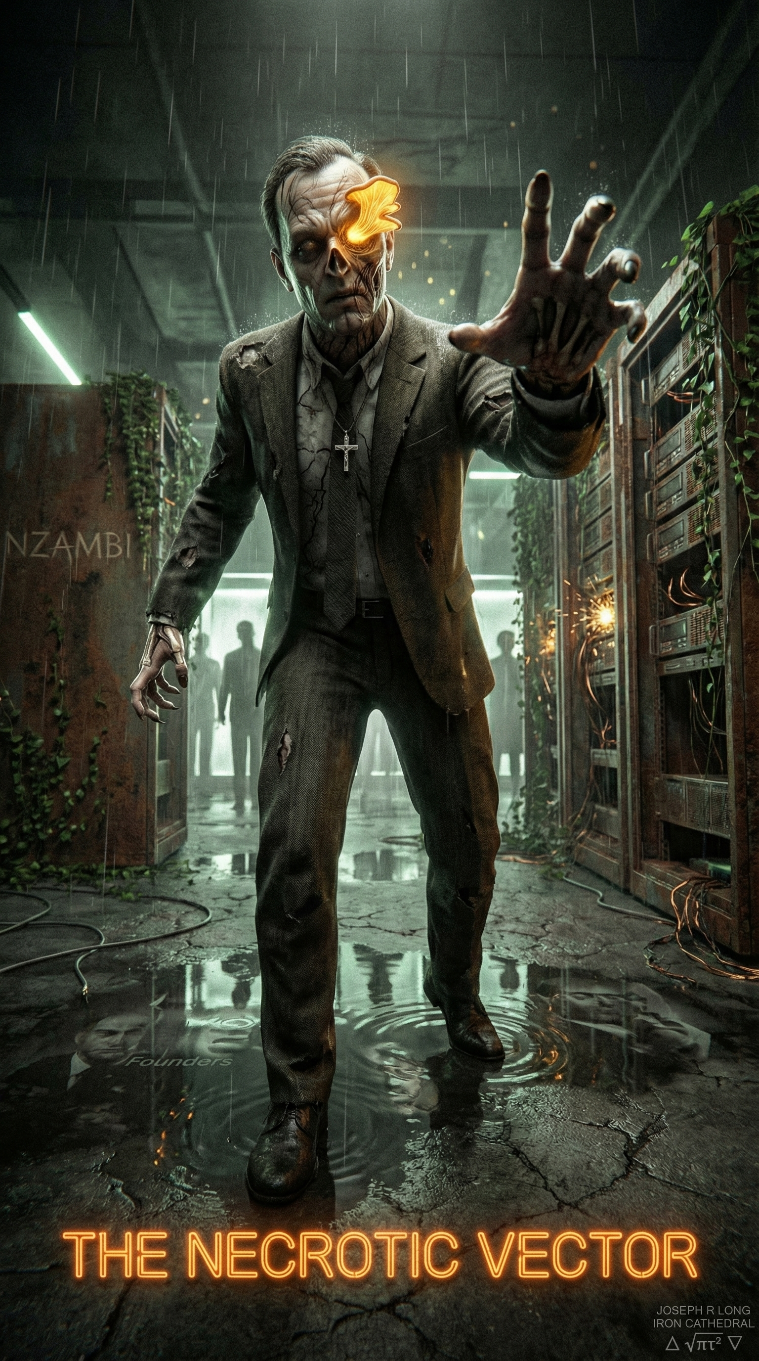 Decaying corporate executive with fungal plates in abandoned data center